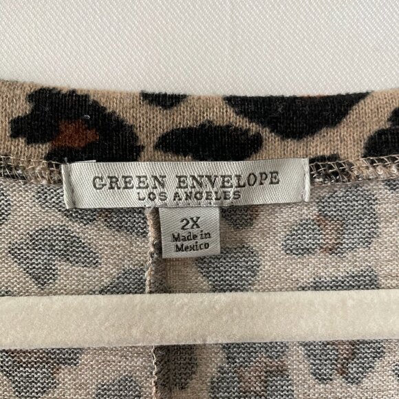 Green Envelope Womens Tan Brown Leopard Print Y2K Thin Knit Sweater Size 2X - Picture 3 of 7